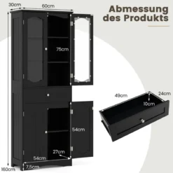 Badezimmerschrank freistehender Hochschrank mit 4 Türen & Schublade 60 x 30 x 160 cm Grau/Schwarz/Weiß