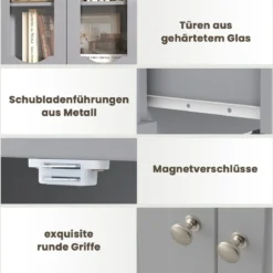Badezimmerschrank freistehender Hochschrank mit 4 Türen & Schublade 60 x 30 x 160 cm Grau/Schwarz/Weiß