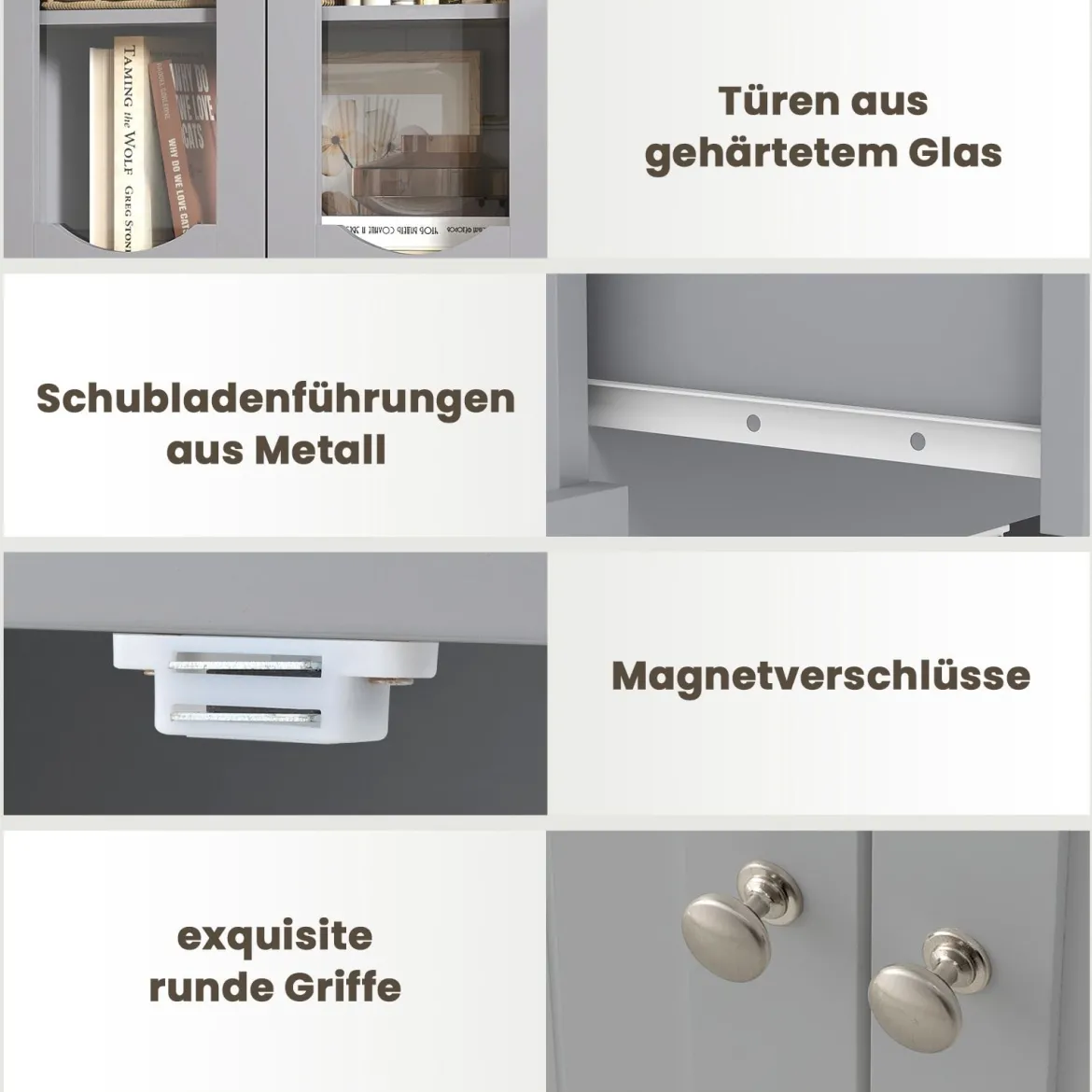 Badezimmerschrank freistehender Hochschrank mit 4 Türen & Schublade 60 x 30 x 160 cm Grau/Schwarz/Weiß
