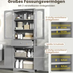 Badezimmerschrank freistehender Hochschrank mit 4 Türen & Schublade 60 x 30 x 160 cm Grau/Schwarz/Weiß