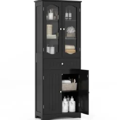 Badezimmerschrank freistehender Hochschrank mit 4 Türen & Schublade 60 x 30 x 160 cm Grau/Schwarz/Weiß