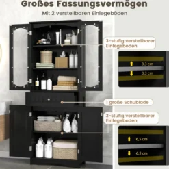 Badezimmerschrank freistehender Hochschrank mit 4 Türen & Schublade 60 x 30 x 160 cm Grau/Schwarz/Weiß