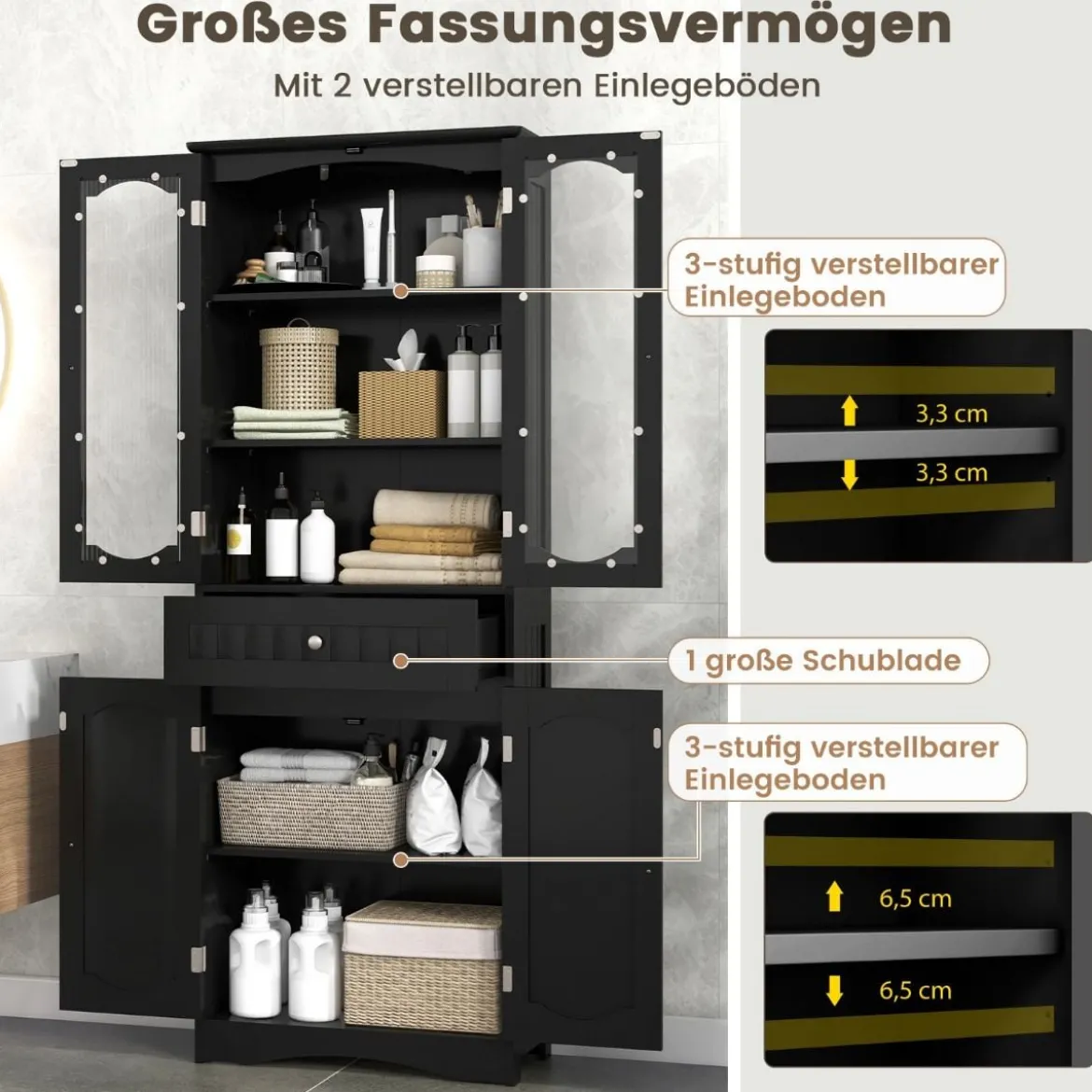 Badezimmerschrank freistehender Hochschrank mit 4 Türen & Schublade 60 x 30 x 160 cm Grau/Schwarz/Weiß