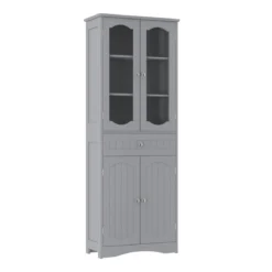 Badezimmerschrank freistehender Hochschrank mit 4 Türen & Schublade 60 x 30 x 160 cm Grau/Schwarz/Weiß
