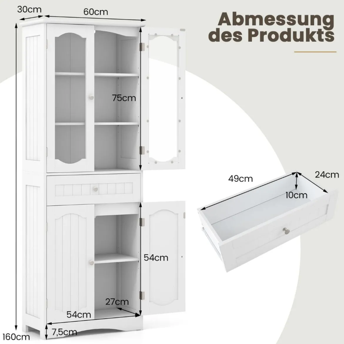 Badezimmerschrank freistehender Hochschrank mit 4 Türen & Schublade 60 x 30 x 160 cm Grau/Schwarz/Weiß