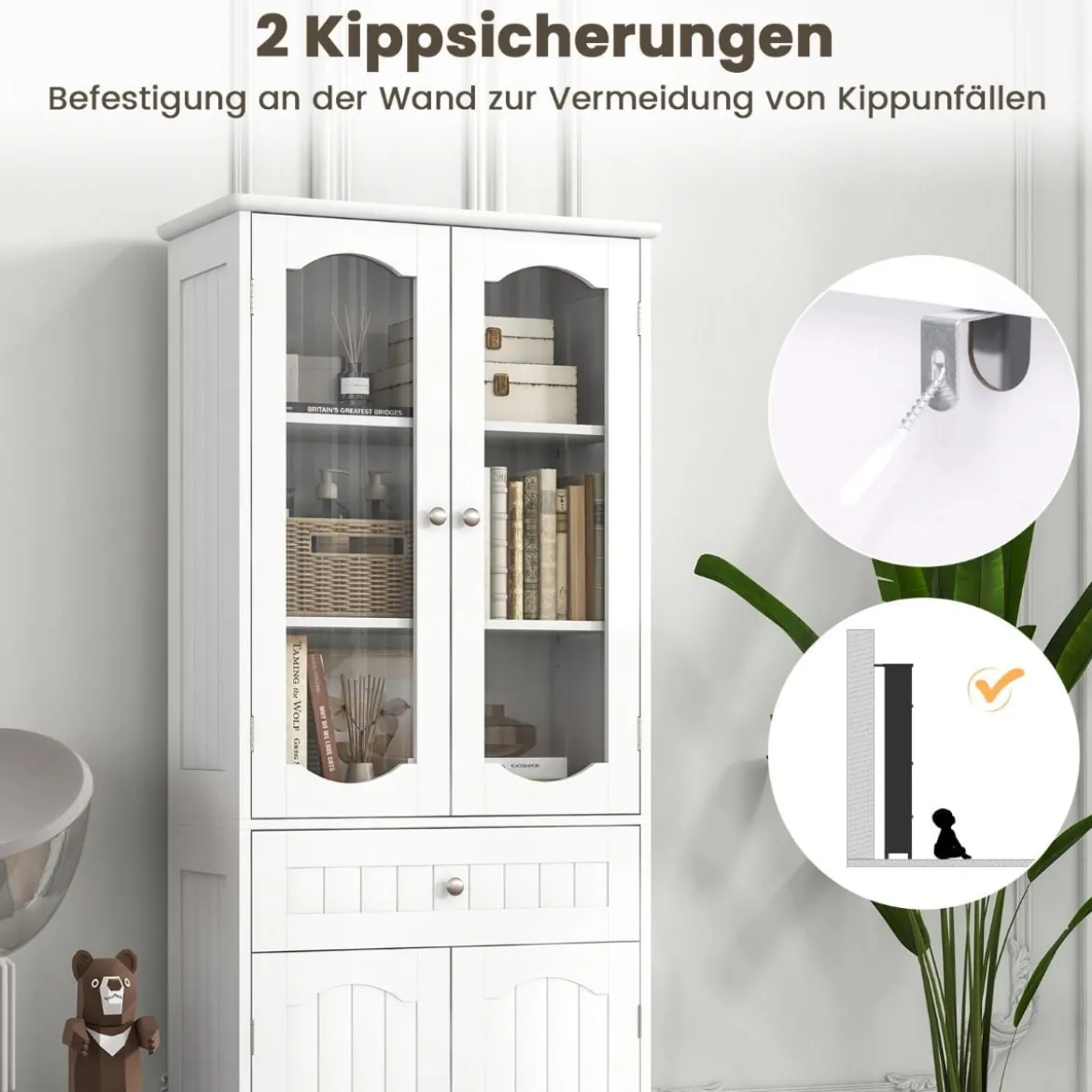 Badezimmerschrank freistehender Hochschrank mit 4 Türen & Schublade 60 x 30 x 160 cm Grau/Schwarz/Weiß