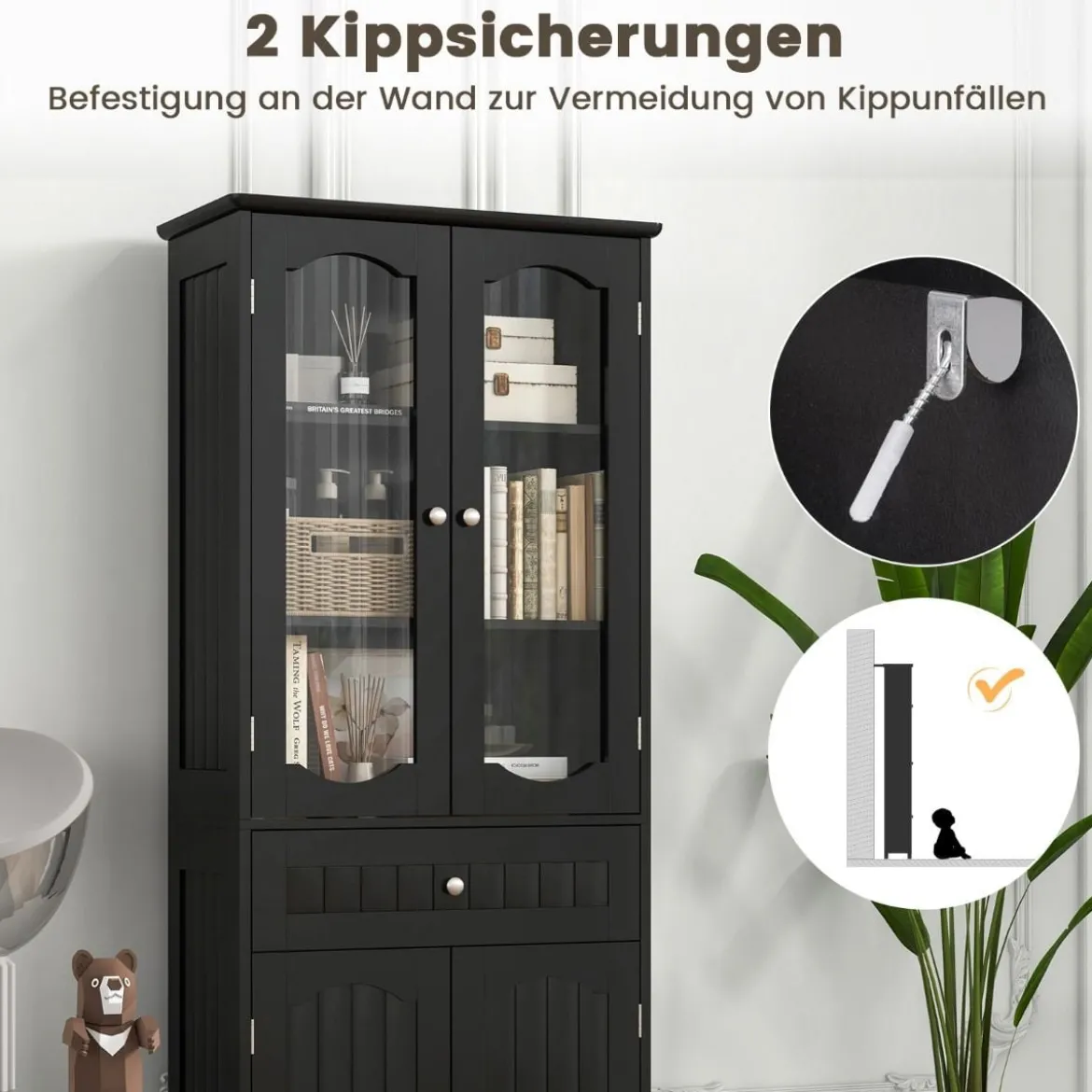 Badezimmerschrank freistehender Hochschrank mit 4 Türen & Schublade 60 x 30 x 160 cm Grau/Schwarz/Weiß