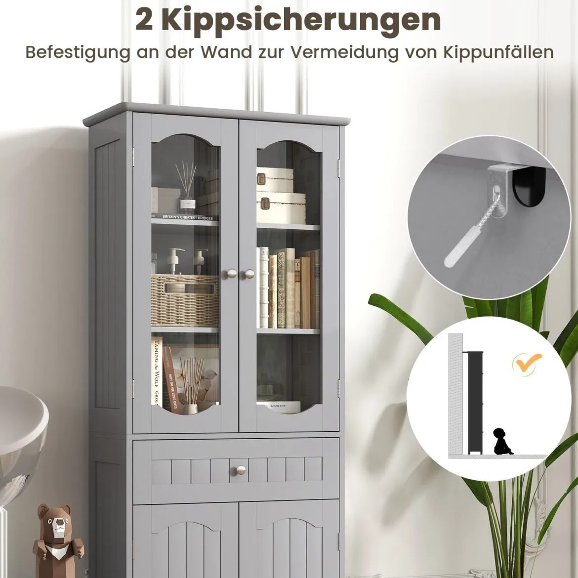 Badezimmerschrank freistehender Hochschrank mit 4 Türen & Schublade 60 x 30 x 160 cm Grau/Schwarz/Weiß