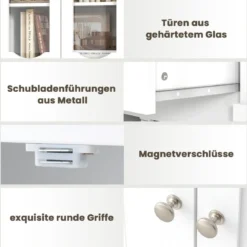 Badezimmerschrank freistehender Hochschrank mit 4 Türen & Schublade 60 x 30 x 160 cm Grau/Schwarz/Weiß