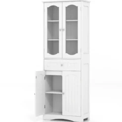 Badezimmerschrank freistehender Hochschrank mit 4 Türen & Schublade 60 x 30 x 160 cm Grau/Schwarz/Weiß