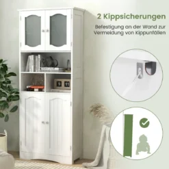 Badezimmerschrank freistehender Hochschrank mit 4 Türen & Regalen Weiß 60 x 30 x 148,5 cm