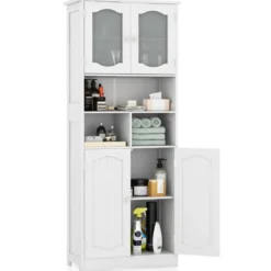 Badezimmerschrank freistehender Hochschrank mit 4 Türen & Regalen Weiß 60 x 30 x 148,5 cm