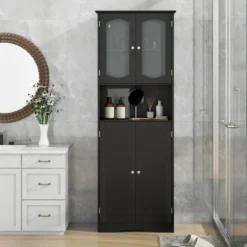 Badezimmerschrank freistehender Hochschrank mit 4 Türen Badschrank mit Kippschutz Schwarz 164 cm
