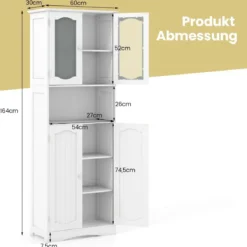 Badezimmerschrank freistehender Hochschrank mit 4 Türen & offenem Fach Weiß 60 x 30 x 164 cm