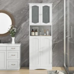 Badezimmerschrank freistehender Hochschrank mit 4 Türen & offenem Fach Weiß 60 x 30 x 164 cm