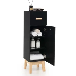 Badezimmerschrank Freistehender Holzschrank mit 1 Schublade 30 x 30 x 102 cm Schwarz
