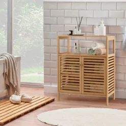 Badezimmer-Schrank Freistehendes Bambusregal mit Offener Ablage 64 x 27,5 x 80 cm Natur