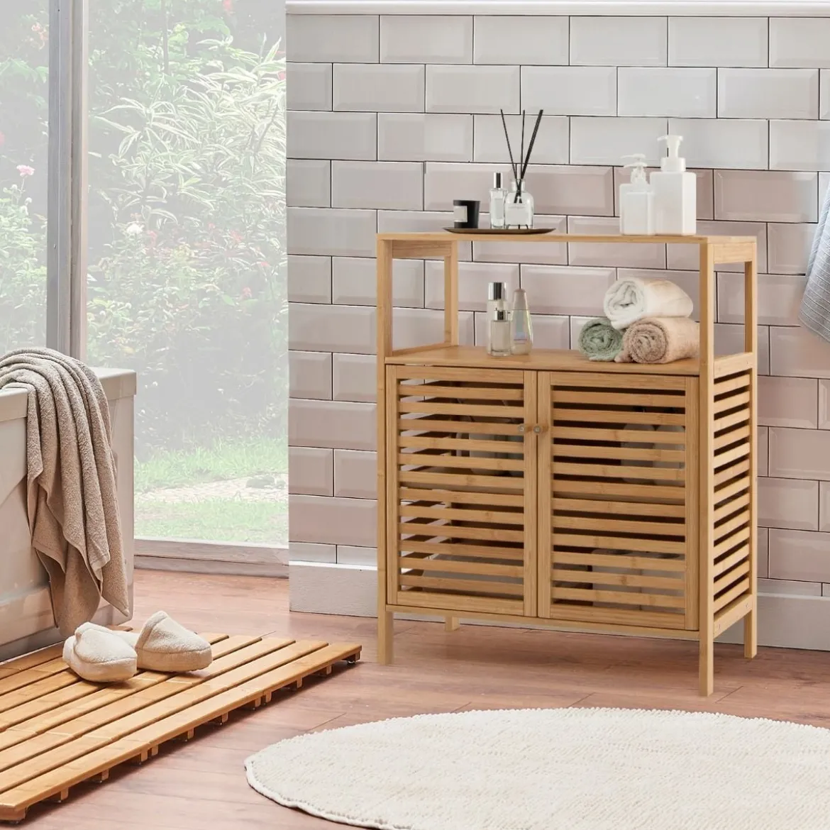 Badezimmer-Schrank Freistehendes Bambusregal mit Offener Ablage 64 x 27,5 x 80 cm Natur
