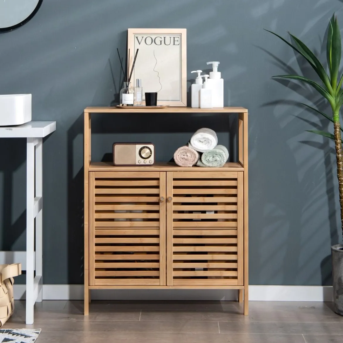 Badezimmer-Schrank Freistehendes Bambusregal mit Offener Ablage 64 x 27,5 x 80 cm Natur