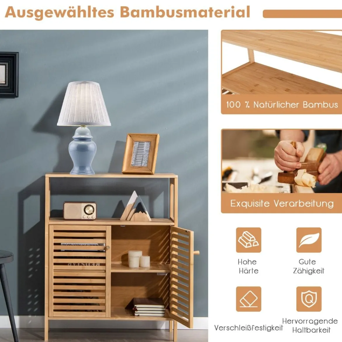 Badezimmer-Schrank Freistehendes Bambusregal mit Offener Ablage 64 x 27,5 x 80 cm Natur