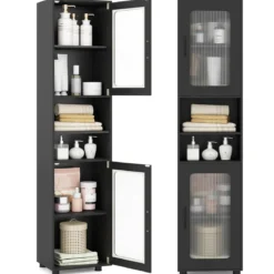 Badezimmerschrank Hochschrank mit 2 Transparenten Glastüren Verstellbaren Regalen 40 x 30 x 170 cm Schwarz
