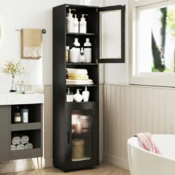 Badezimmerschrank Hochschrank mit 2 Transparenten Glastüren Verstellbaren Regalen 40 x 30 x 170 cm Schwarz