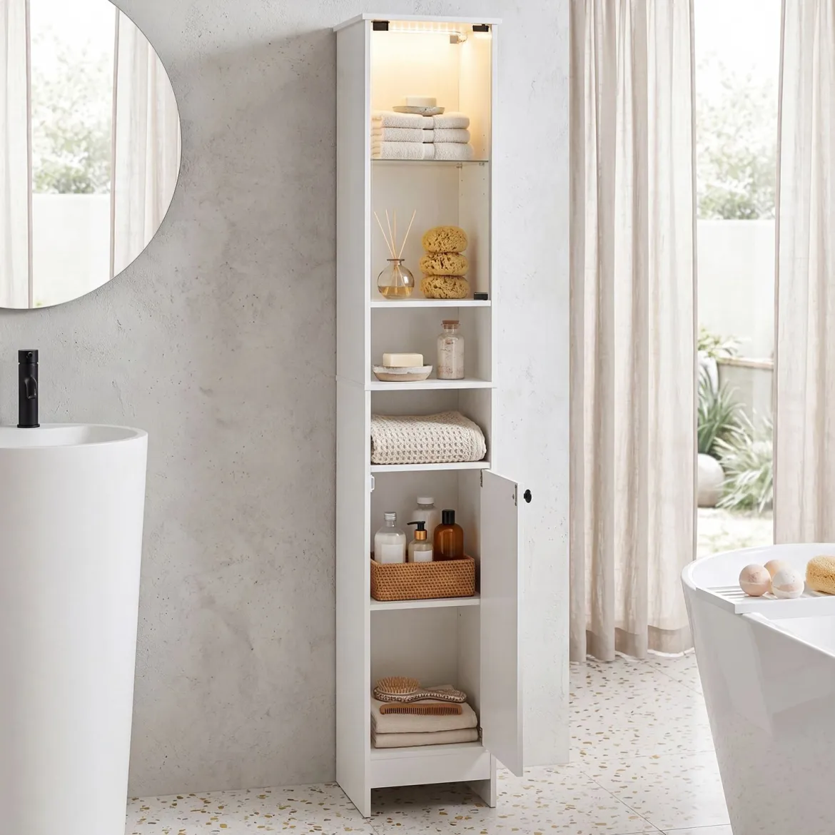 Badezimmerschrank Hochschrank mit Beleuchtung & Fernbedienung Schmaler Badschrank