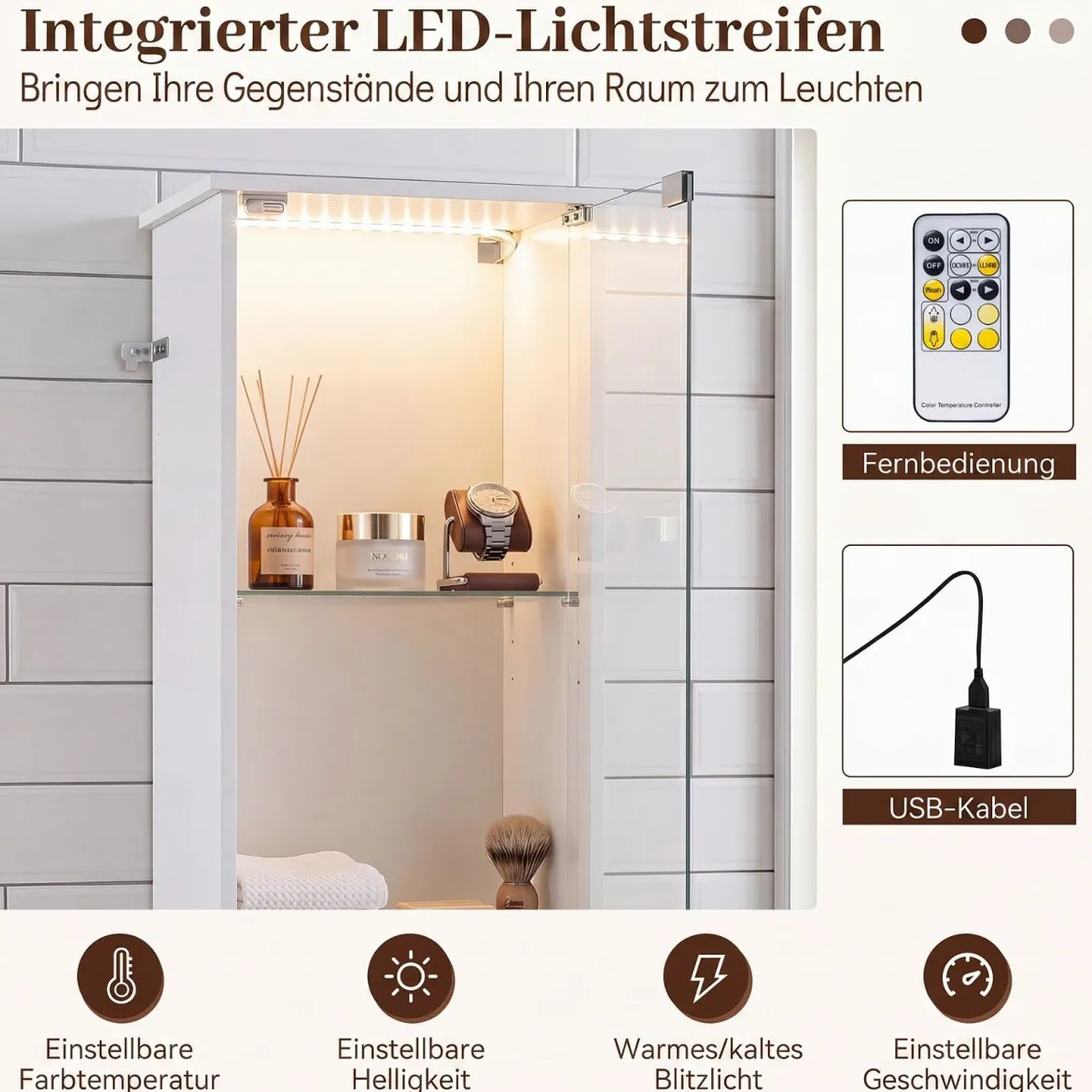 Badezimmerschrank Hochschrank mit Beleuchtung & Fernbedienung Schmaler Badschrank