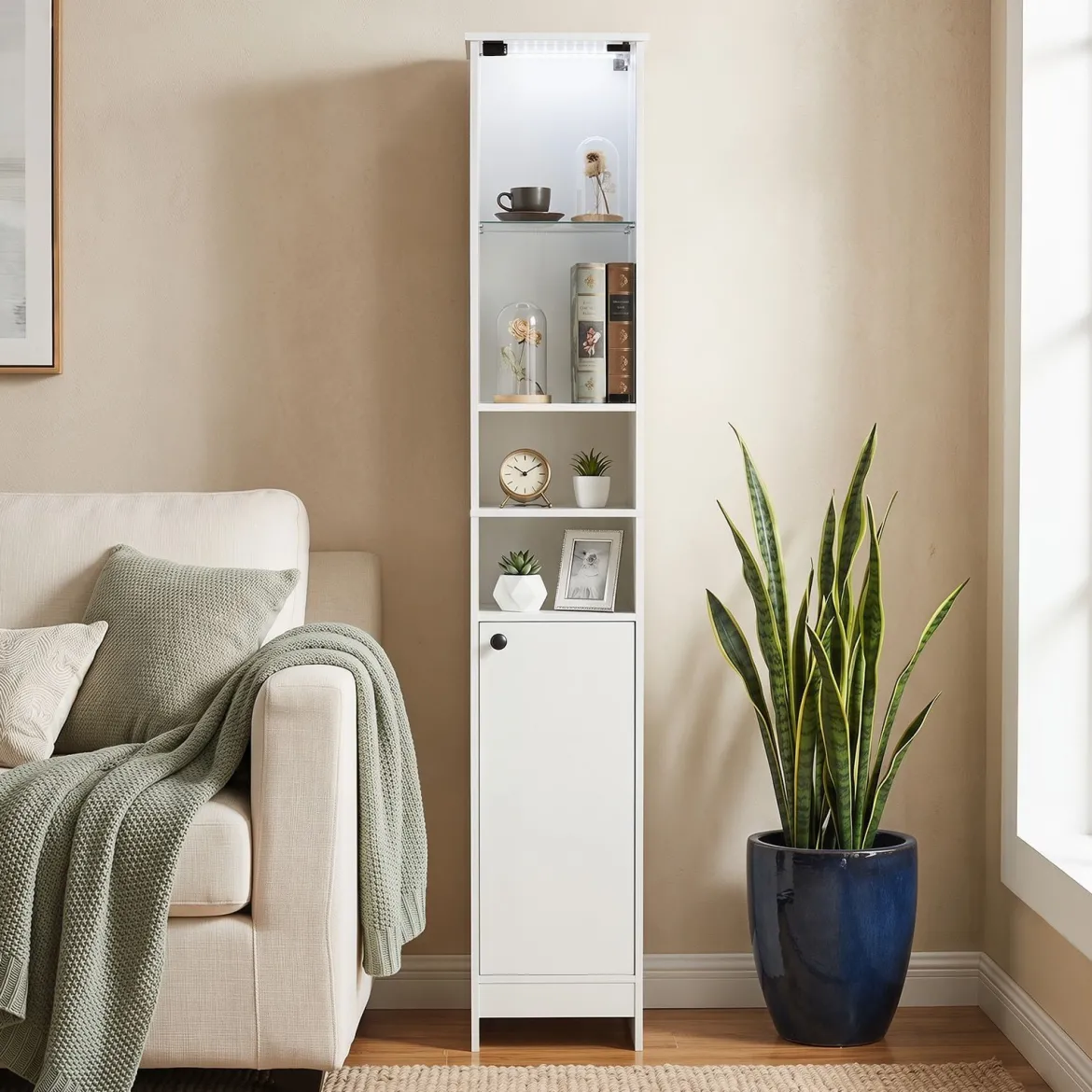 Badezimmerschrank Hochschrank mit Beleuchtung & Fernbedienung Schmaler Badschrank