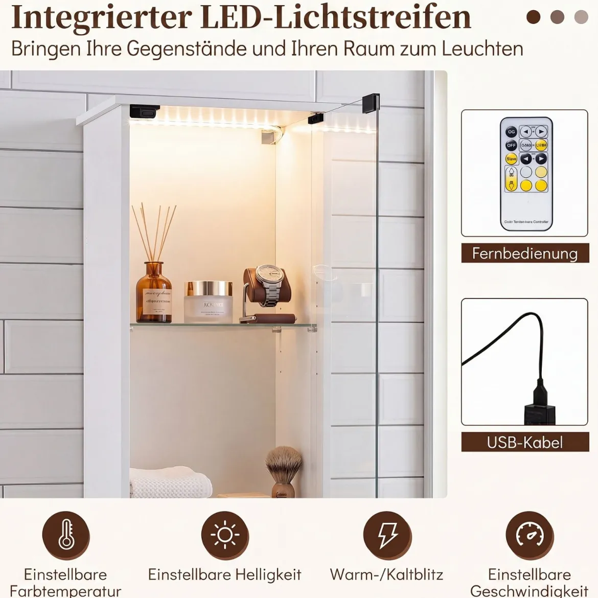Badezimmerschrank Hochschrank mit Beleuchtung & Fernbedienung Schmaler Badschrank