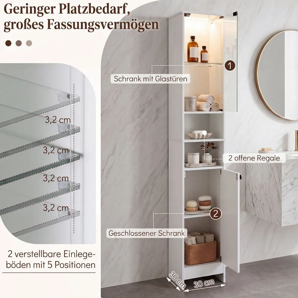 Badezimmerschrank Hochschrank mit Beleuchtung & Fernbedienung Schmaler Badschrank