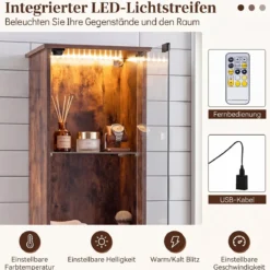 Badezimmerschrank Hochschrank mit Beleuchtung & Fernbedienung Schmaler Badschrank
