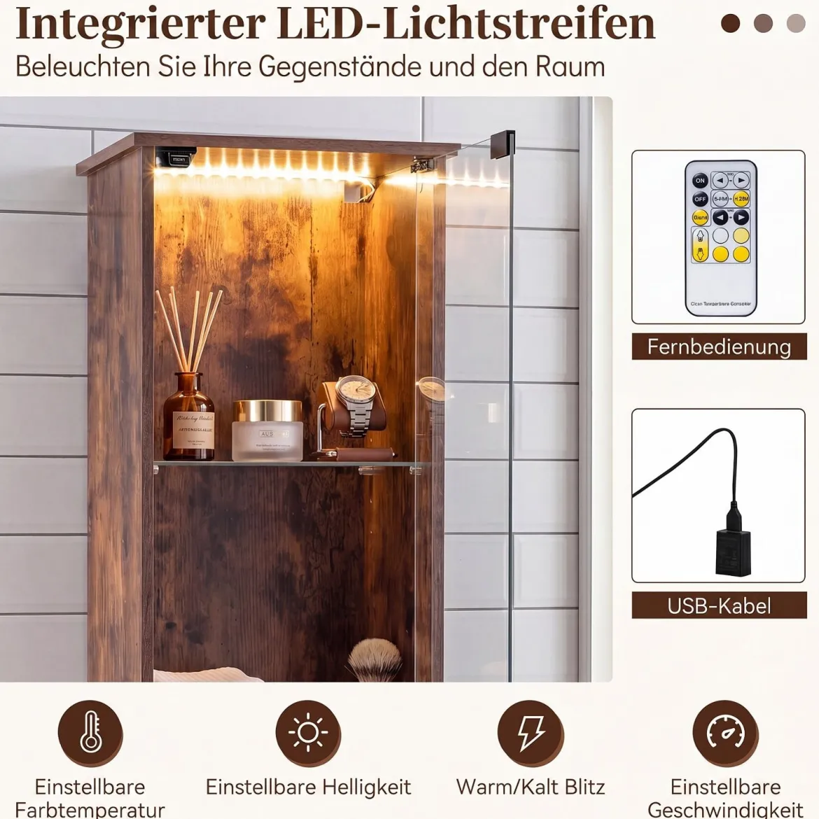 Badezimmerschrank Hochschrank mit Beleuchtung & Fernbedienung Schmaler Badschrank