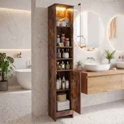 Badezimmerschrank Hochschrank mit Beleuchtung & Fernbedienung Schmaler Badschrank