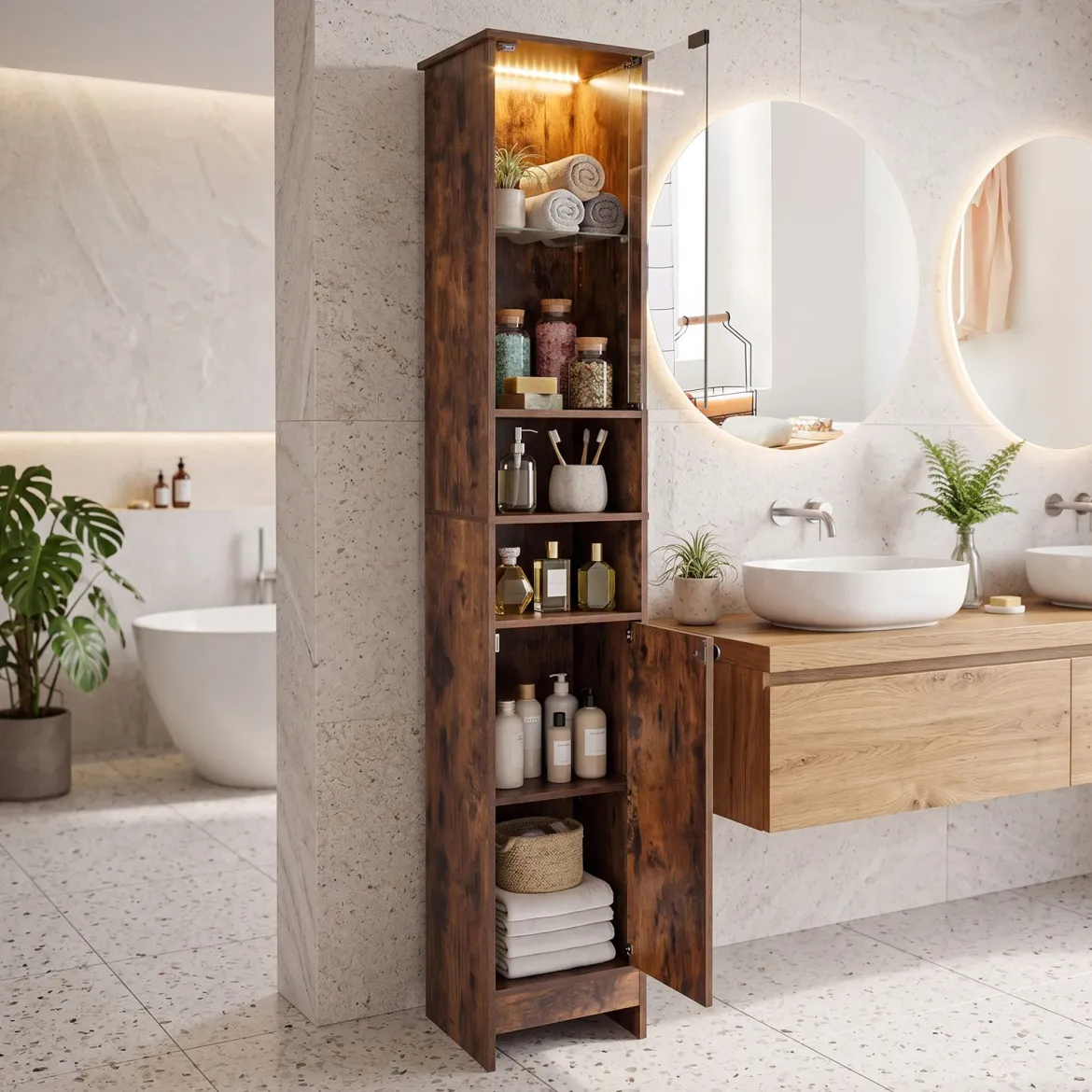 Badezimmerschrank Hochschrank mit Beleuchtung & Fernbedienung Schmaler Badschrank