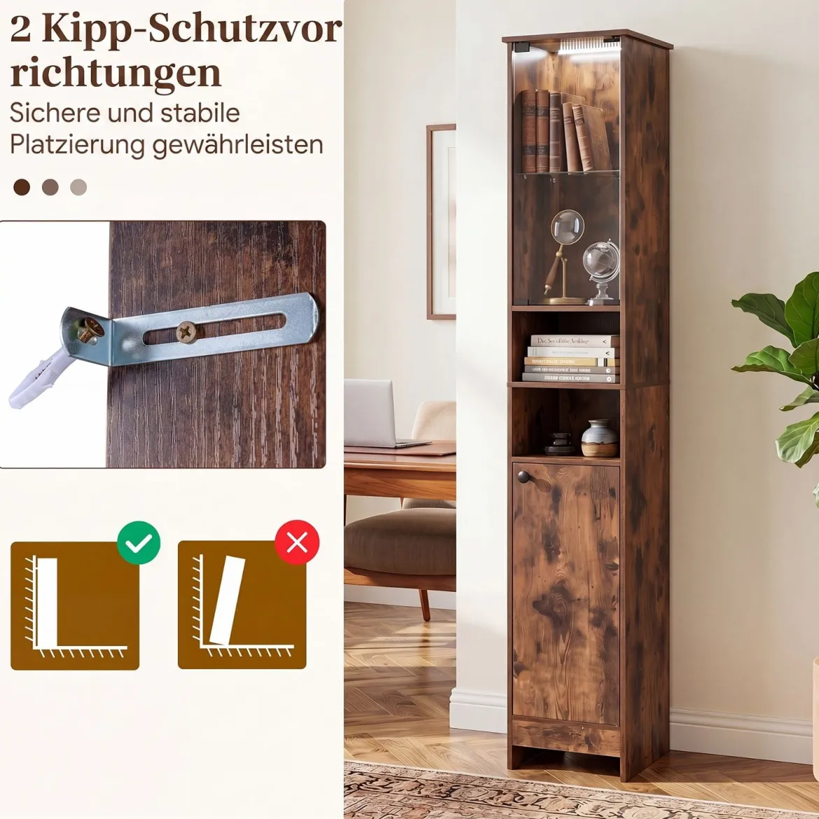 Badezimmerschrank Hochschrank mit Beleuchtung & Fernbedienung Schmaler Badschrank