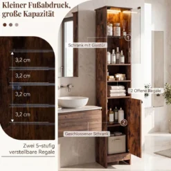 Badezimmerschrank Hochschrank mit Beleuchtung & Fernbedienung Schmaler Badschrank