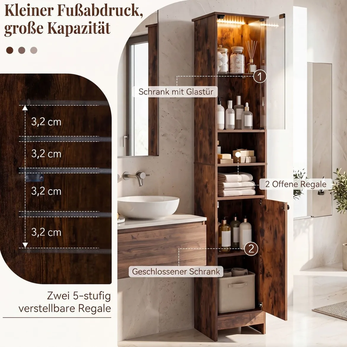 Badezimmerschrank Hochschrank mit Beleuchtung & Fernbedienung Schmaler Badschrank