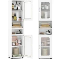 Badezimmerschrank Hochschrank mit 2 Transparenten Glastüren Verstellbaren Regalen 40 x 30 x 170 cm Weiß