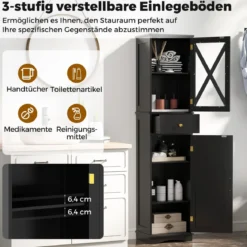 Badezimmerschrank Hochschrank mit Verstellbaren Einlegeböden & Schublade Badschrank Schwarz