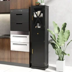 Badezimmerschrank Hochschrank mit Verstellbaren Einlegeböden & Schublade Badschrank Schwarz