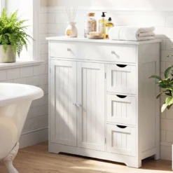 Badezimmerschrank Holz Freistehender Badschrank mit 4 Schubladen und 2 Türen 80 x 30 x 82 cm Weiß