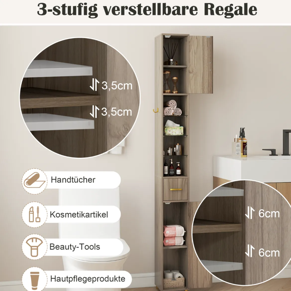 Badezimmerschrank mit Beleuchtung & Schublade & 3 Glasablagen Schmaler Badschrank Grau