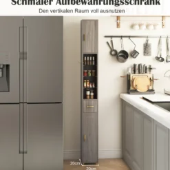Badezimmerschrank mit Beleuchtung & Schublade & 3 Glasablagen Schmaler Badschrank Grau