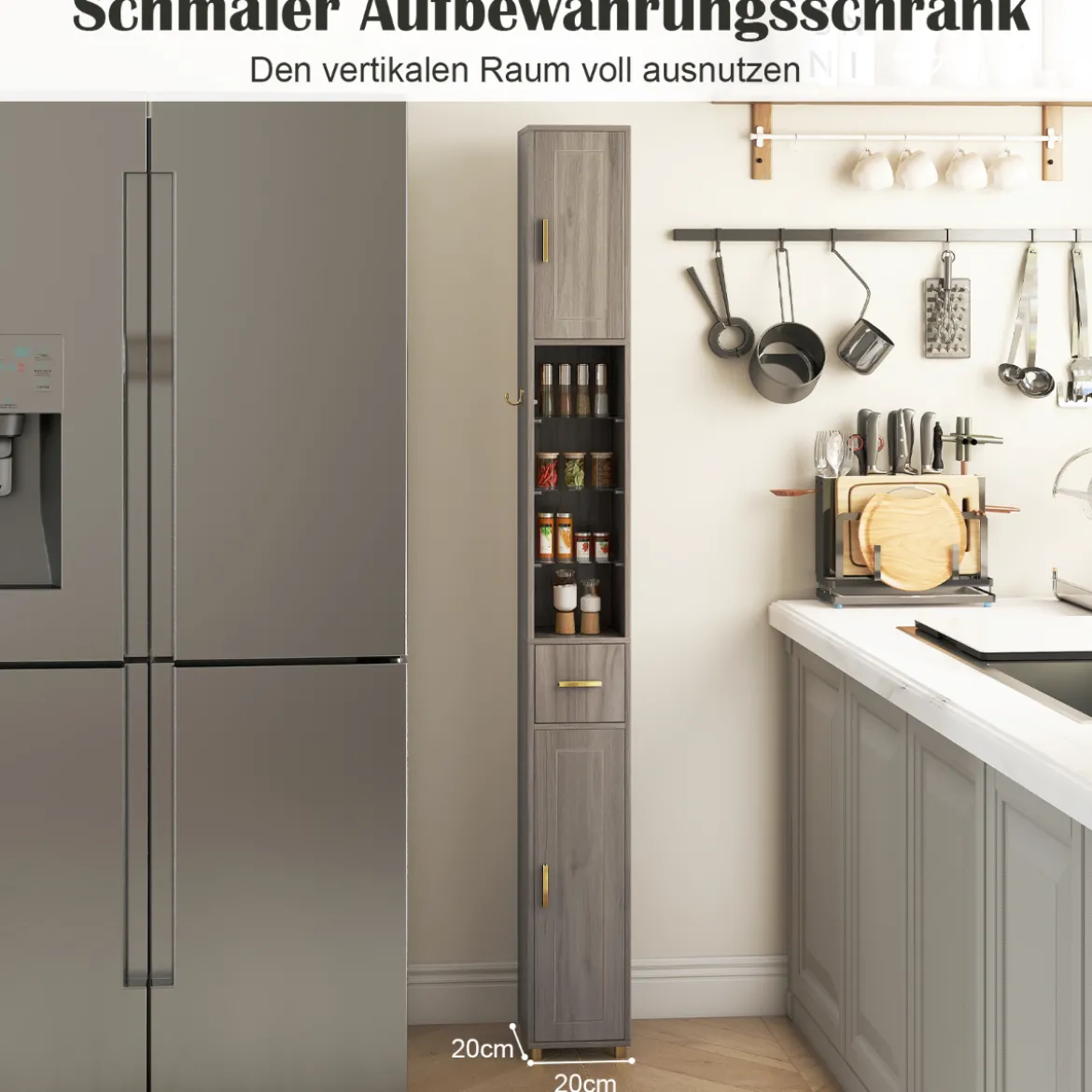 Badezimmerschrank mit Beleuchtung & Schublade & 3 Glasablagen Schmaler Badschrank Grau