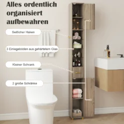 Badezimmerschrank mit Beleuchtung & Schublade & 3 Glasablagen Schmaler Badschrank Grau