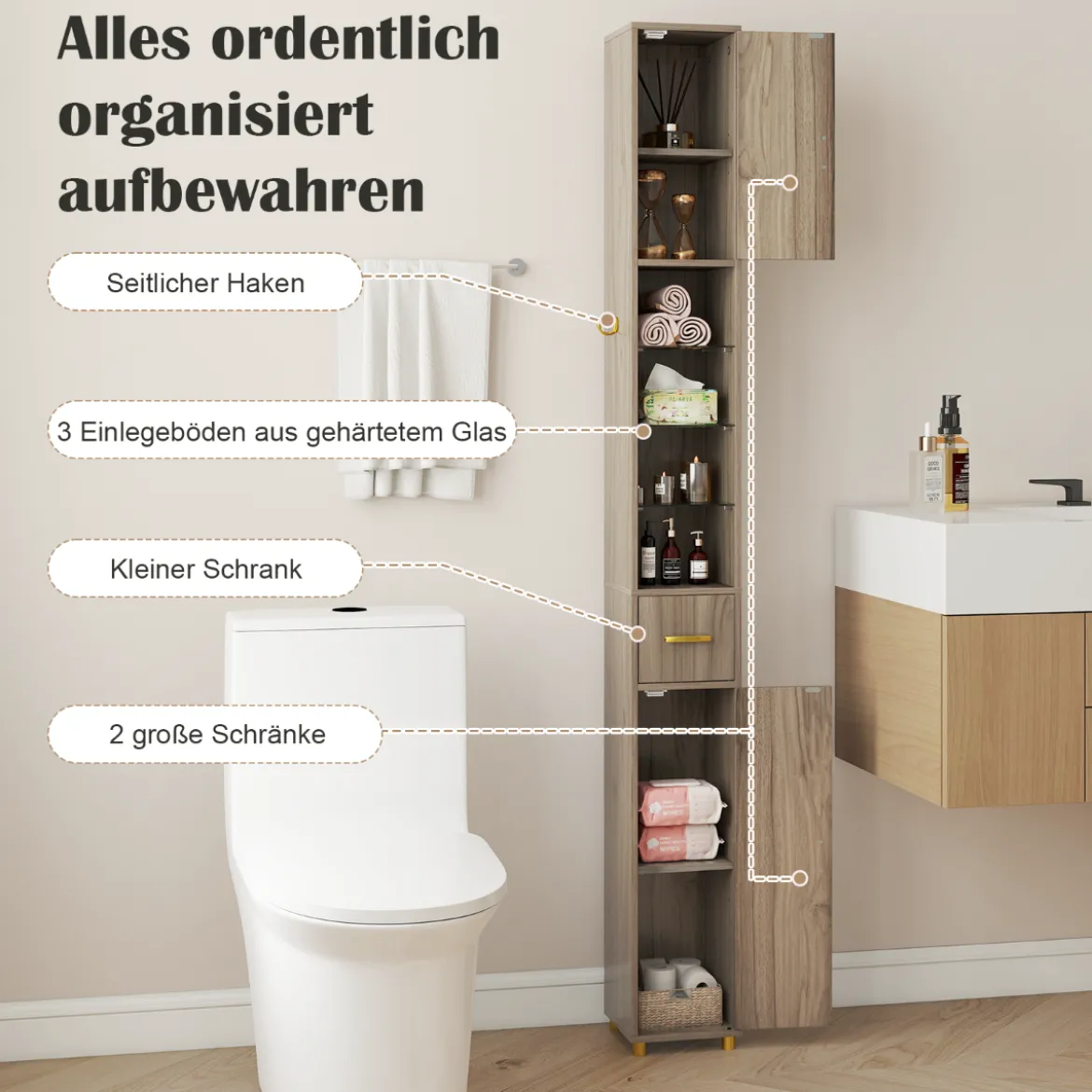 Badezimmerschrank mit Beleuchtung & Schublade & 3 Glasablagen Schmaler Badschrank Grau