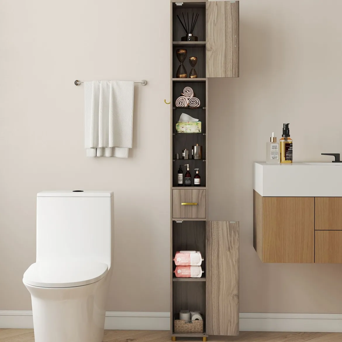 Badezimmerschrank mit Beleuchtung & Schublade & 3 Glasablagen Schmaler Badschrank Grau