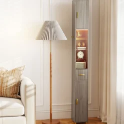Badezimmerschrank mit Beleuchtung & Schublade & 3 Glasablagen Schmaler Badschrank Grau