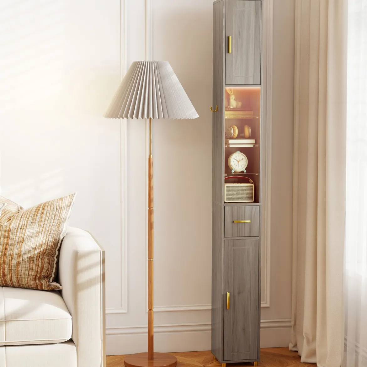 Badezimmerschrank mit Beleuchtung & Schublade & 3 Glasablagen Schmaler Badschrank Grau